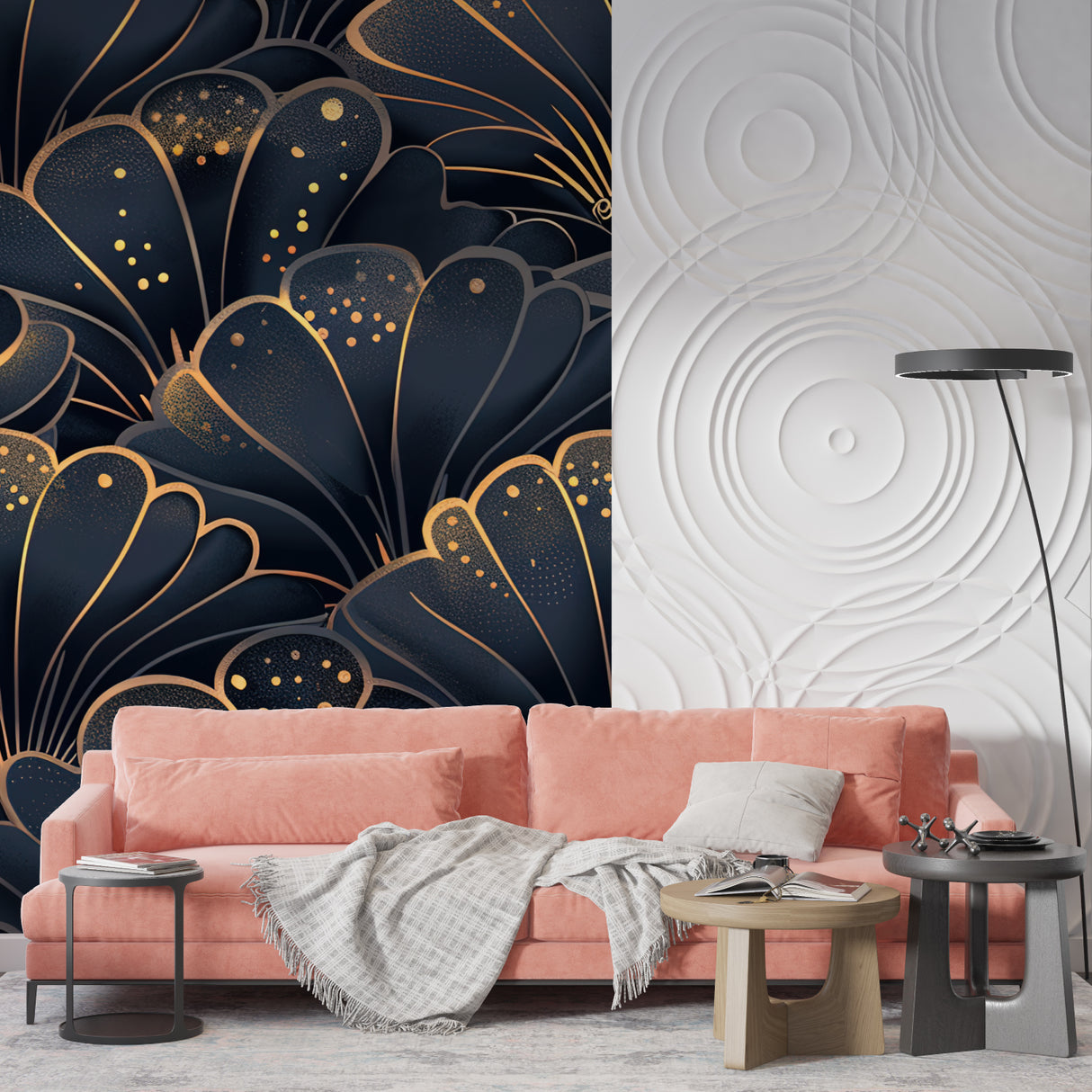 Navy blue and gold Art Deco shell wallpaper in modern living room creating elegant atmosphere