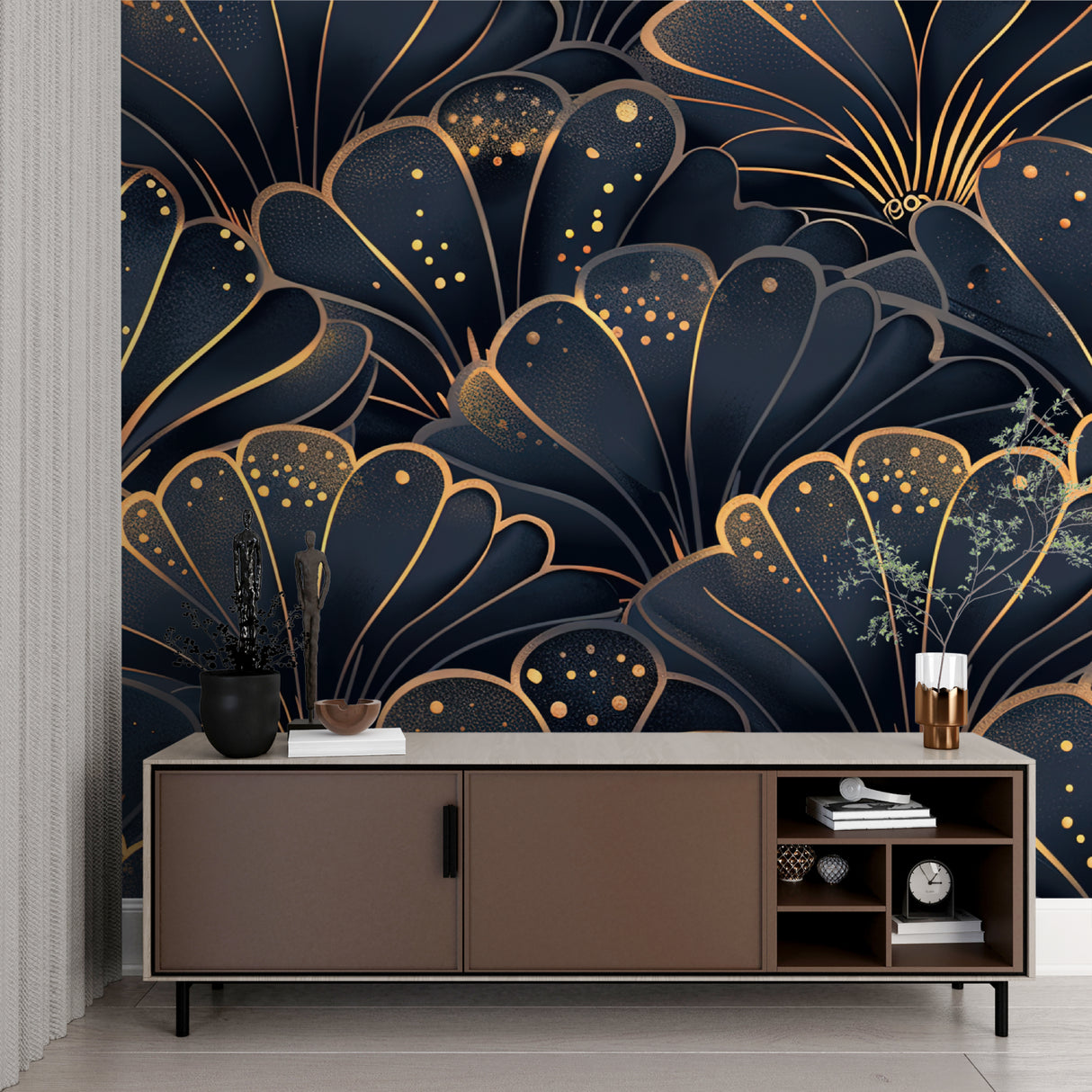 Art Deco shell pattern wallpaper in dining room with gold accents catching evening light