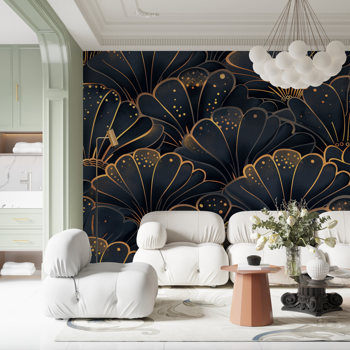 Navy and gold shell wallpaper making master bedroom feel luxurious and cozy