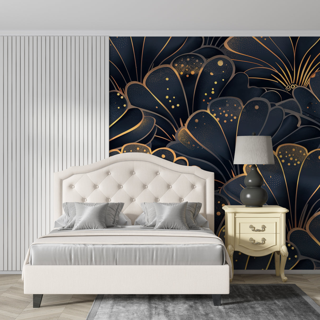 Art Deco navy blue wallpaper with gold shells in home office setting