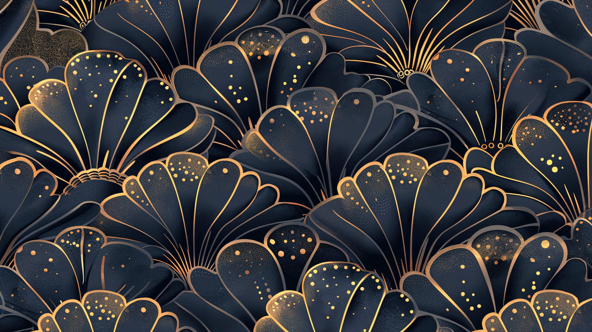 Art Deco shell pattern design file showing detailed navy blue and gold motifs