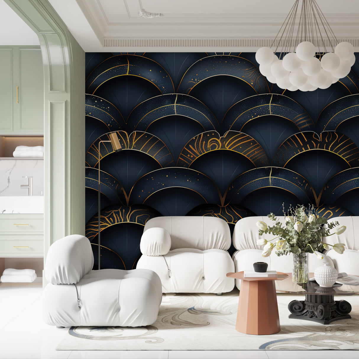 Navy blue and gold Art Deco wallpaper in modern living room with velvet sofa and brass accents