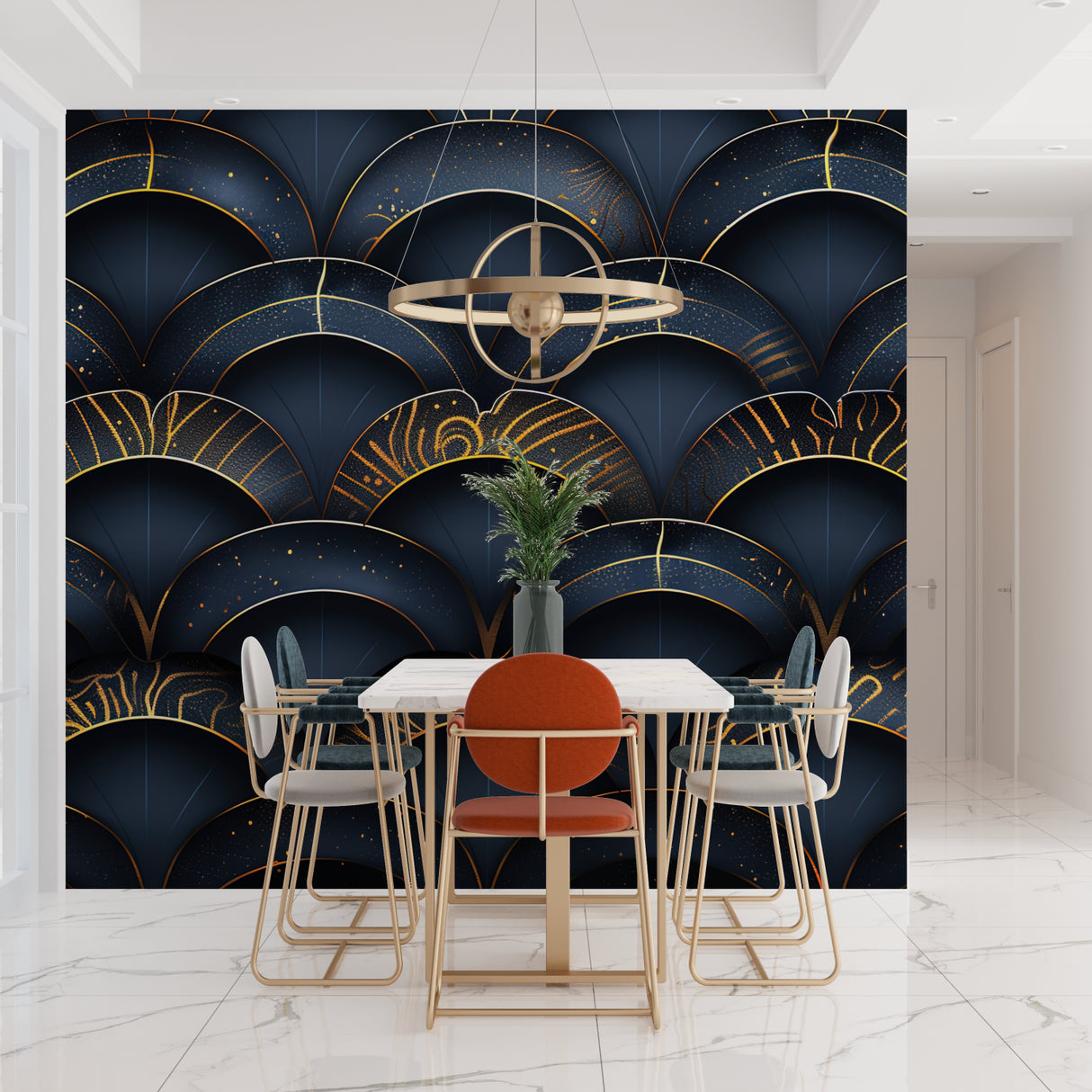 Art Deco navy and gold wallpaper in dining room with crystal chandelier