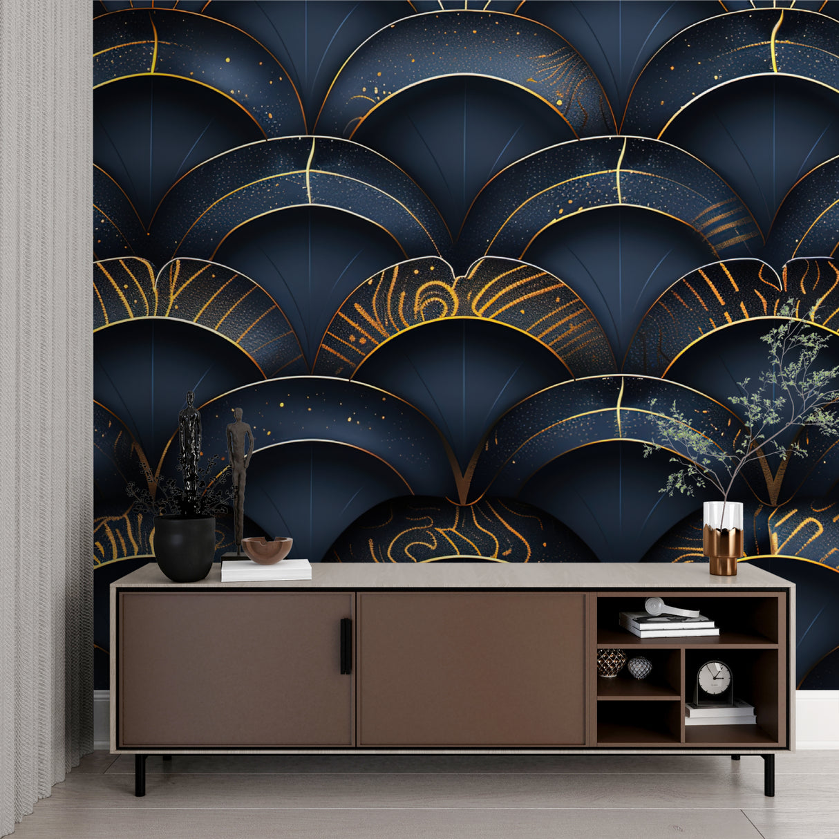 Gold geometric pattern wallpaper making statement in home office