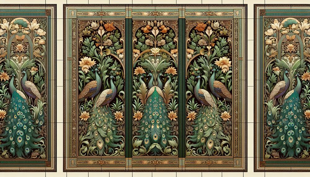 Art Deco peacock garden triptych design file with ornate botanical details and golden accents