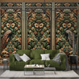 Art Deco peacock wallpaper displayed in an elegant dining room, showing rich green and gold patterns against a beige wall