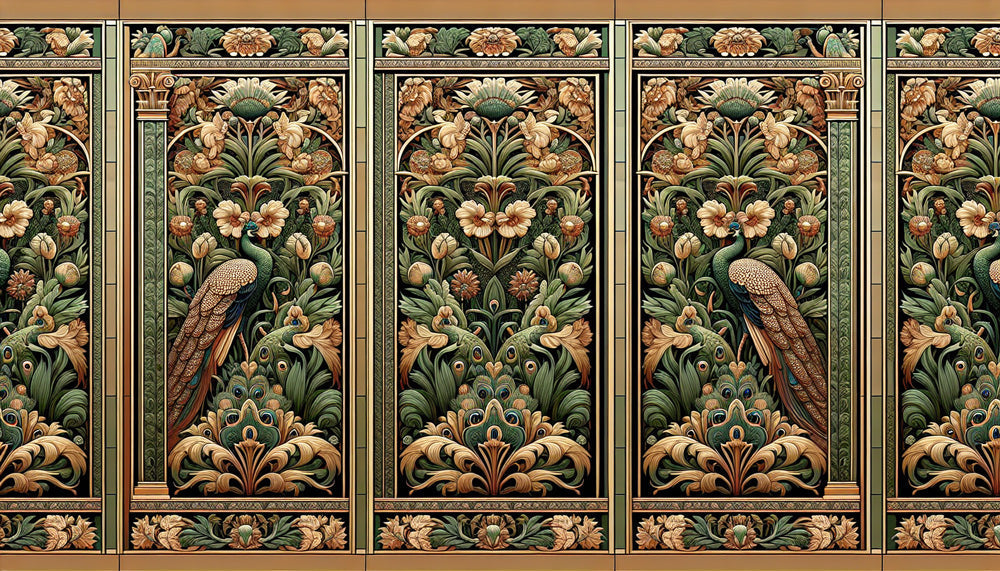 Art Deco peacock garden design file with ornate florals and detailed pattern work