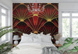 Art deco fan pattern wallpaper in red and gold creating drama in a modern living room with high ceilings
