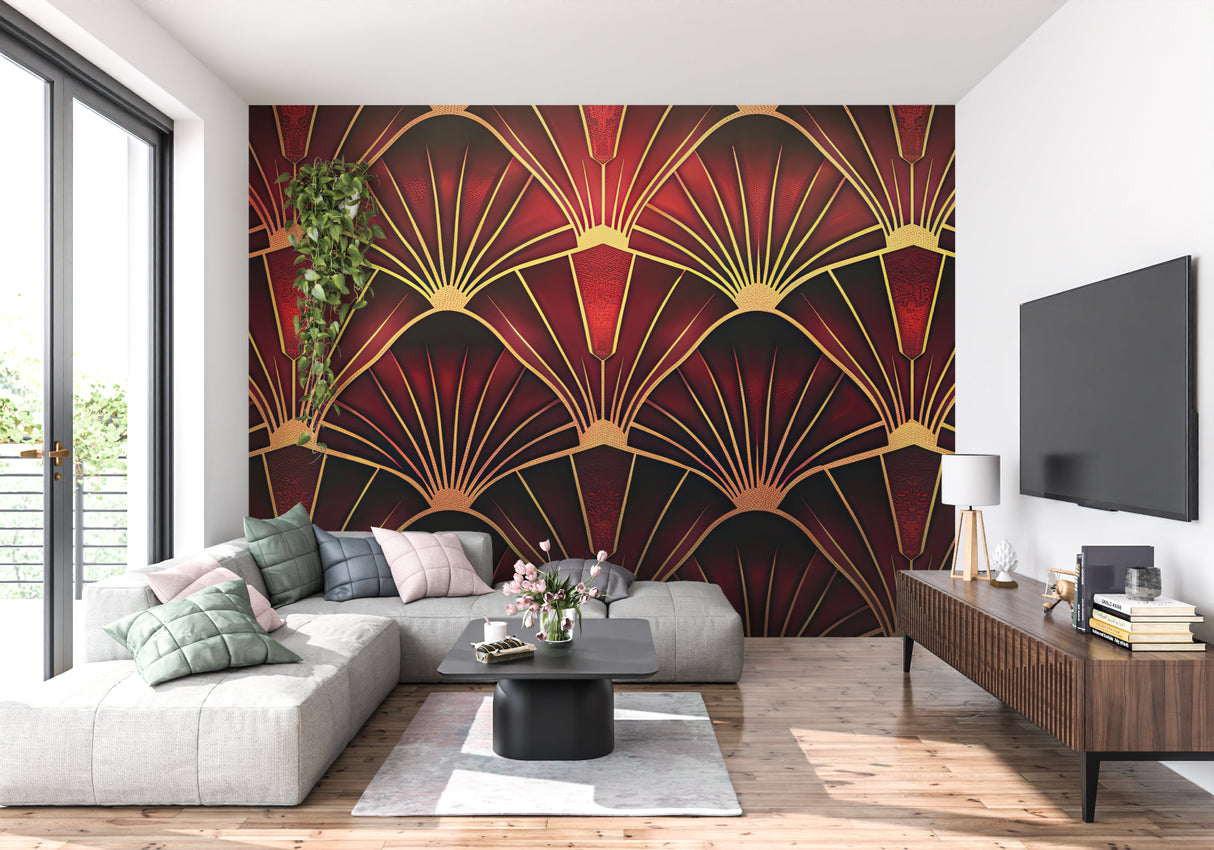 Red and gold geometric art deco wallpaper making a statement in an elegant dining room
