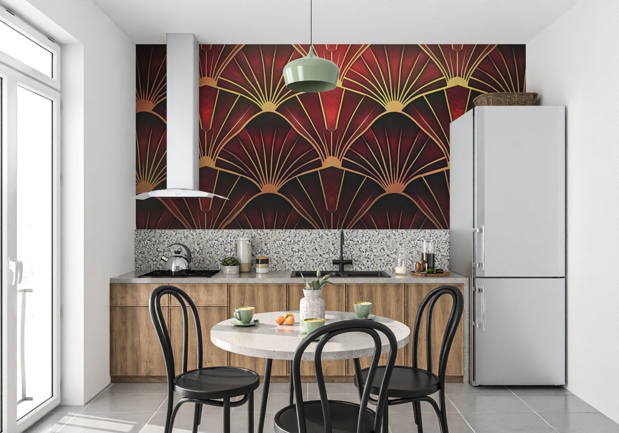 Art deco fan wallpaper in burgundy and gold adding luxury to a hotel lobby
