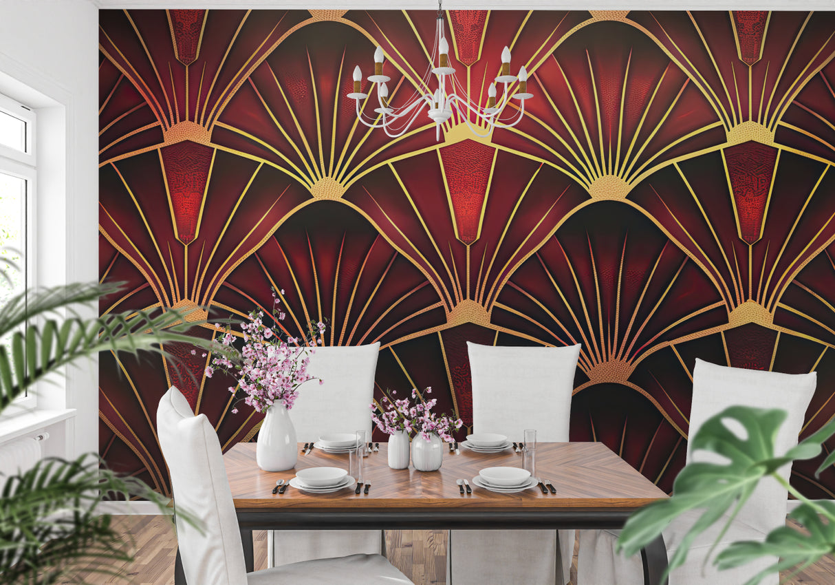 Red and gold art deco wall mural bringing warmth to a master bedroom