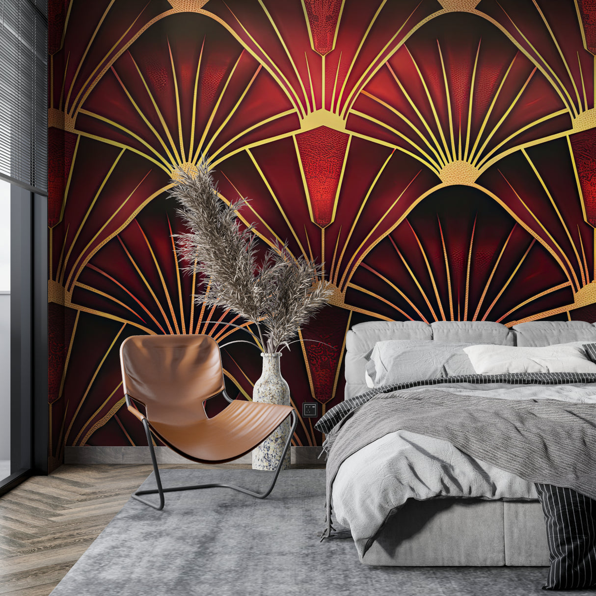 Geometric art deco pattern enhancing a home office with deep red and metallic gold tones