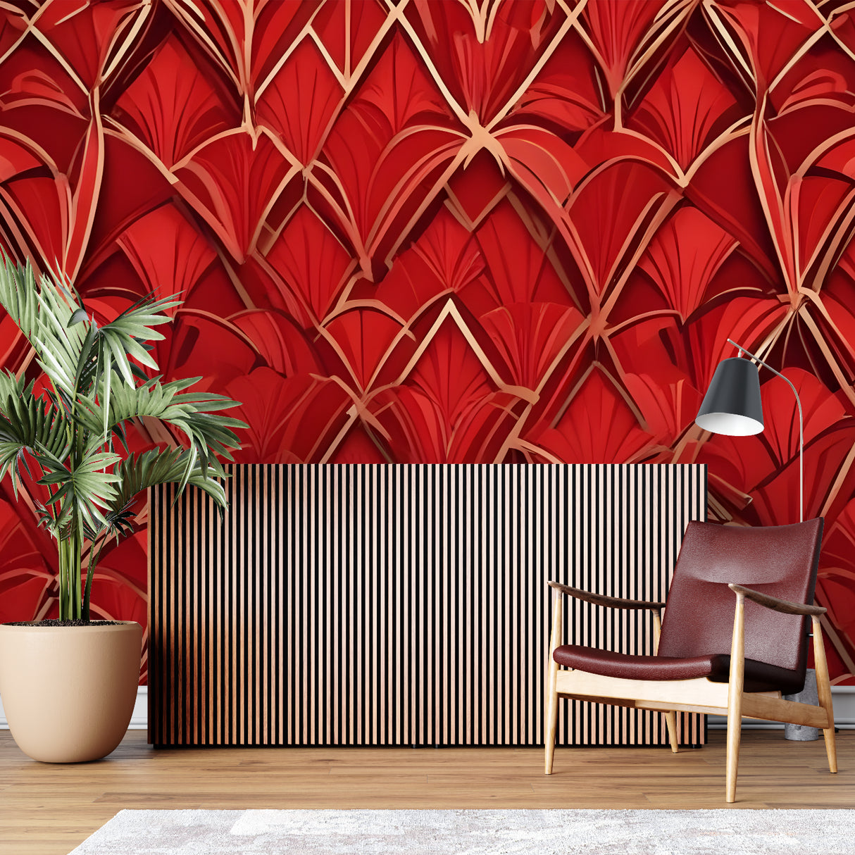 Geometric art deco wallpaper with red and gold fan pattern in elegant dining room setting