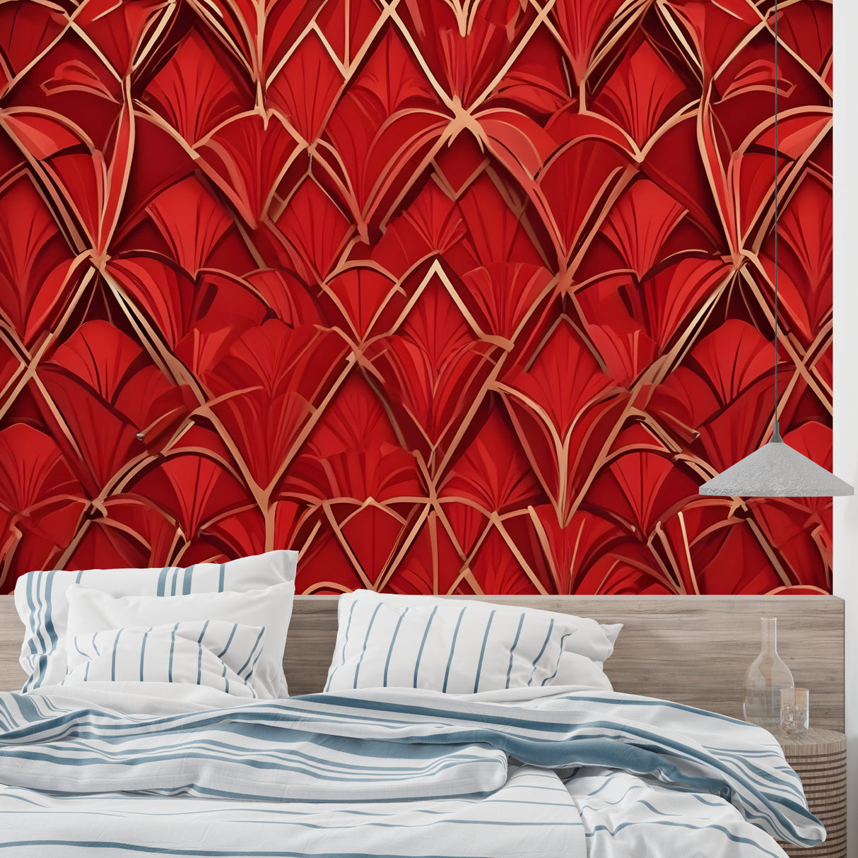 Art deco fan pattern wallpaper creating luxury hotel feel in master bedroom