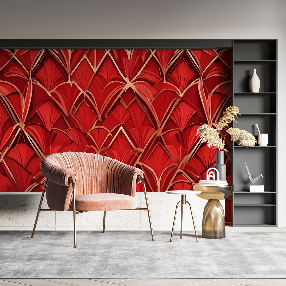Red and gold geometric wallpaper adding glamour to home office space