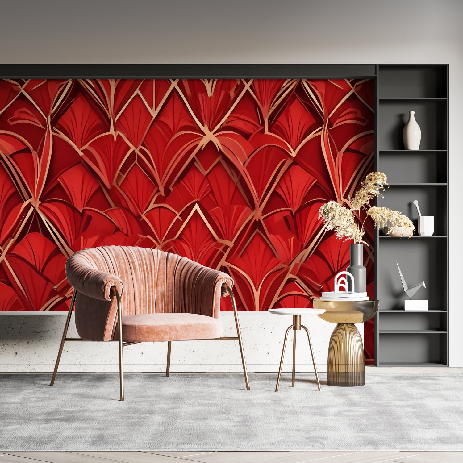 Red and gold geometric wallpaper adding glamour to home office space
