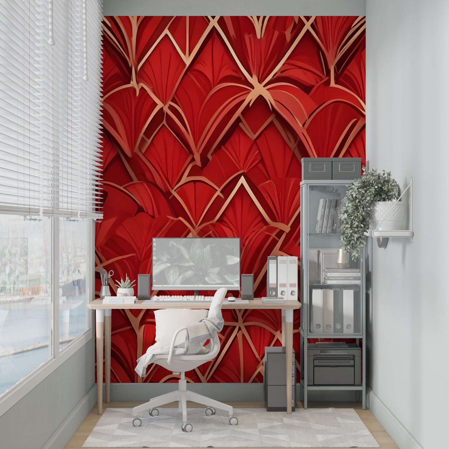 Art deco wall mural bringing warmth to hallway with red and gold tones
