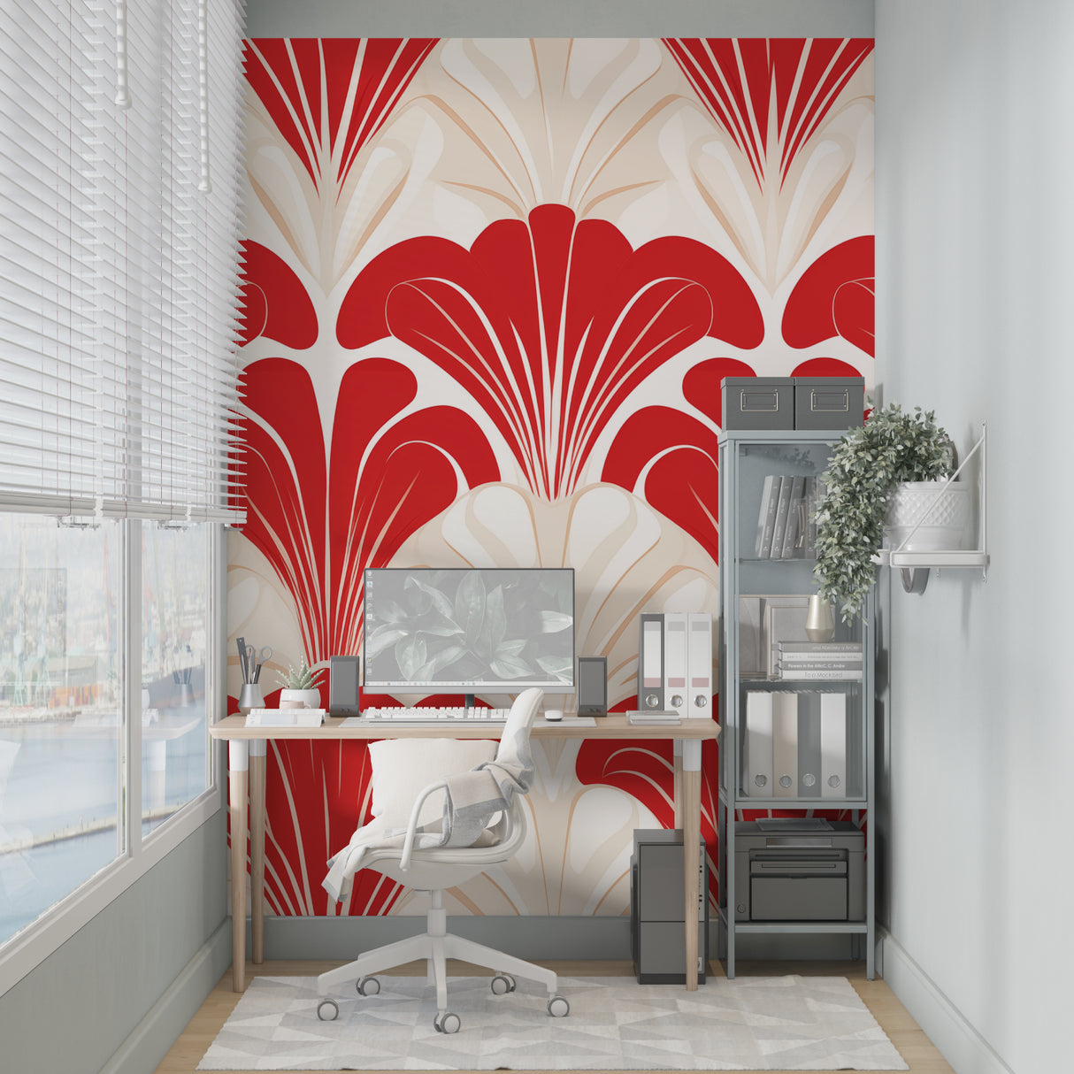 Red Art Deco fan pattern wallpaper in modern dining room with crystal chandelier