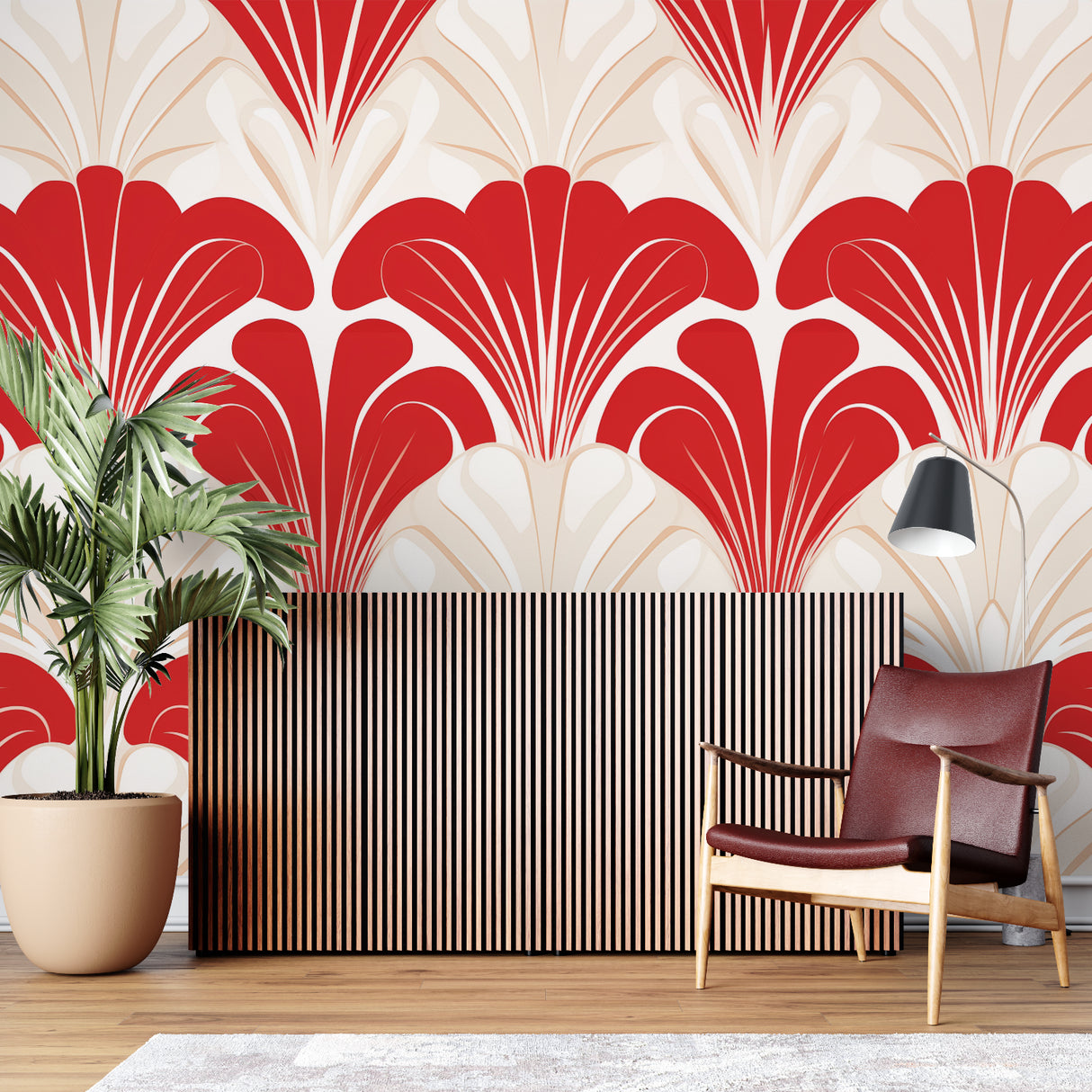 Geometric Art Deco wallpaper creating drama in luxury hotel lobby
