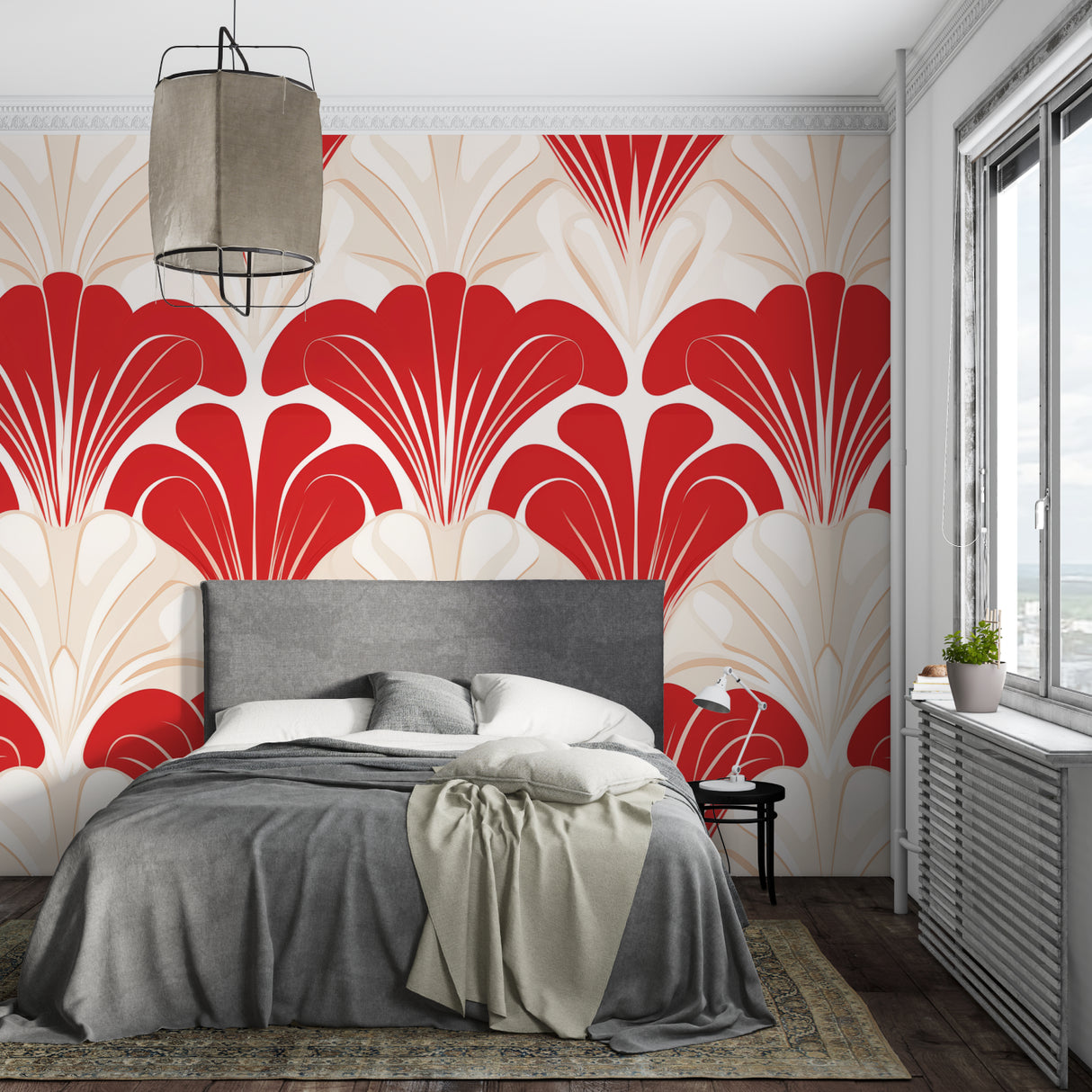 Red fan pattern Art Deco wallpaper in cozy reading nook with gold accents