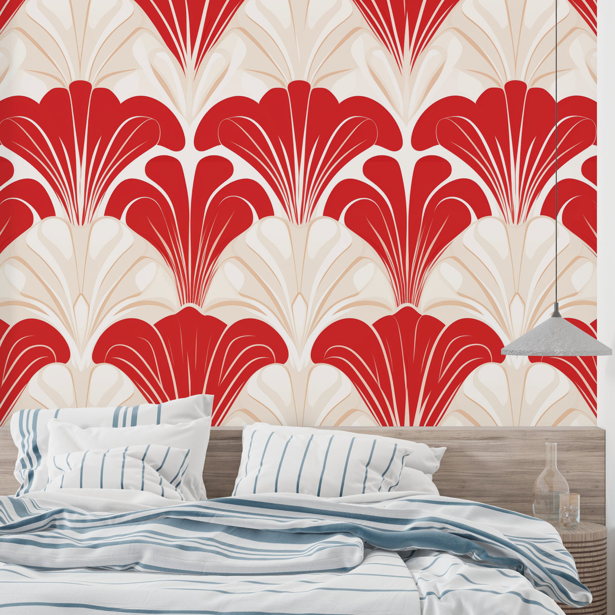 Art Deco fan wallpaper making statement in contemporary living room