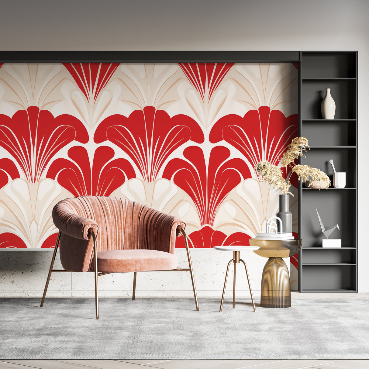 Geometric red wallpaper bringing 1920s charm to home office space