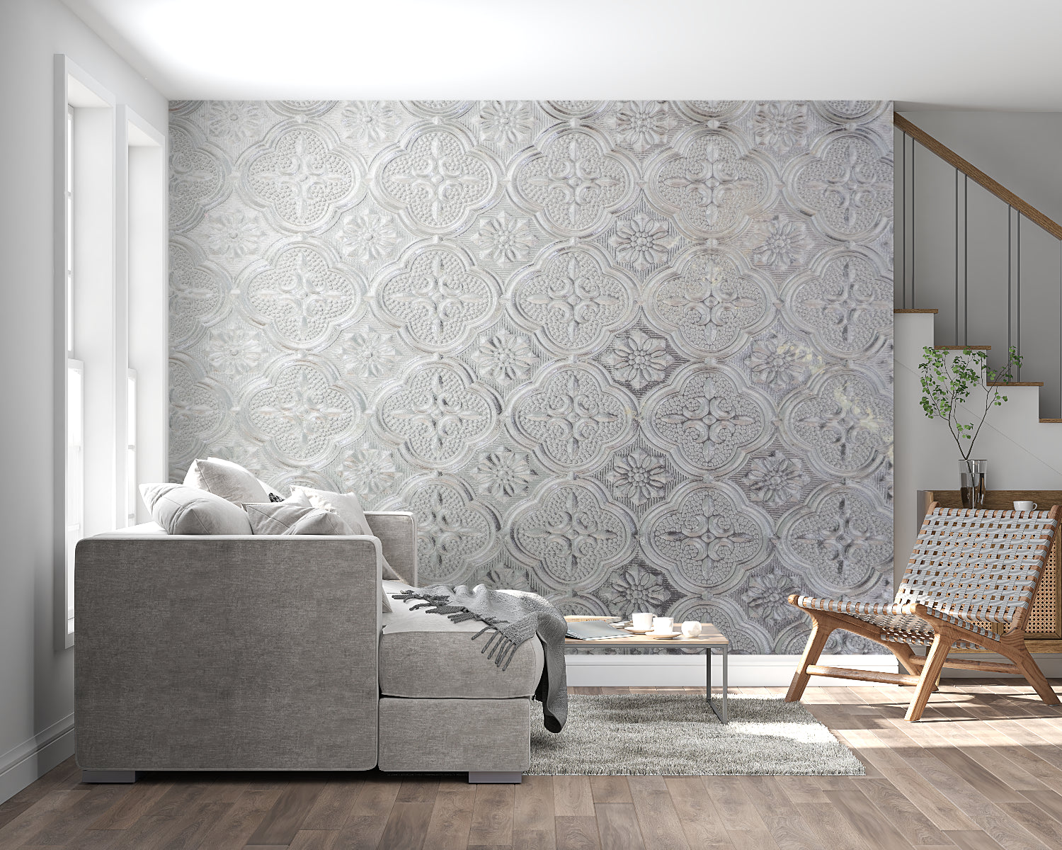 Geometric Silver Wallpaper adding sophistication to dining room feature wall