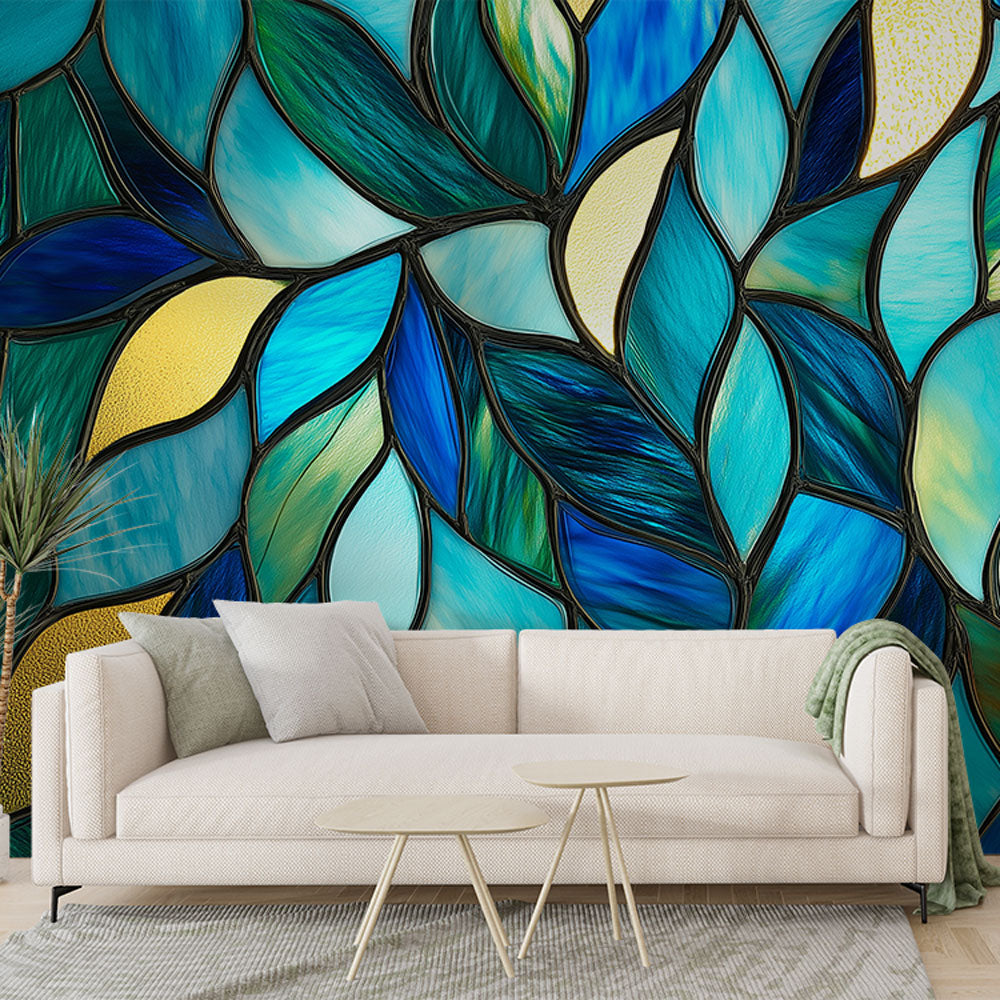 Art deco stained glass wallpaper creating a dramatic focal point in a modern dining room with blue and gold reflections