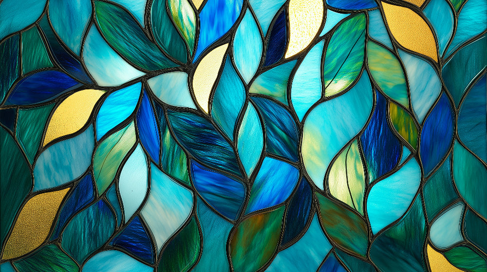 Art deco leaf pattern design file showing intricate stained glass details in marine blue and gold