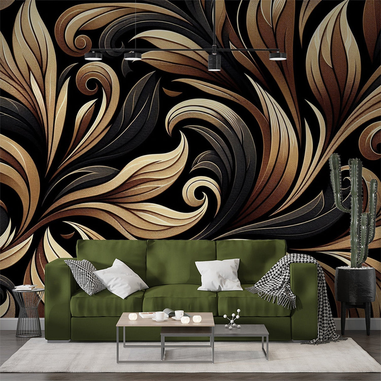 Stunning Art Deco wallpaper with gold swirls making a dramatic statement in a modern living room with black furniture