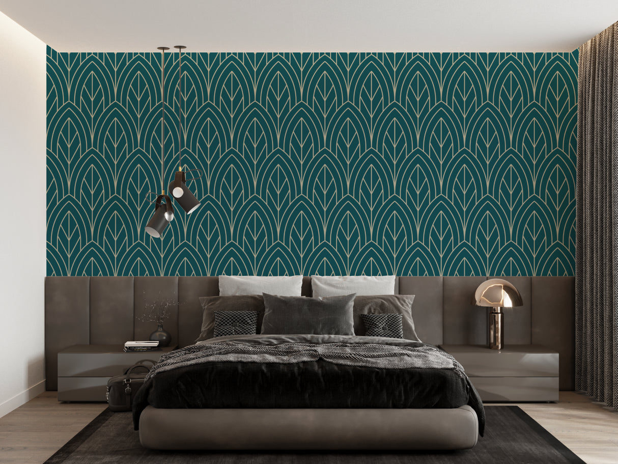 Art deco geometric wallpaper in modern dining room with gold and teal pattern creating elegant atmosphere