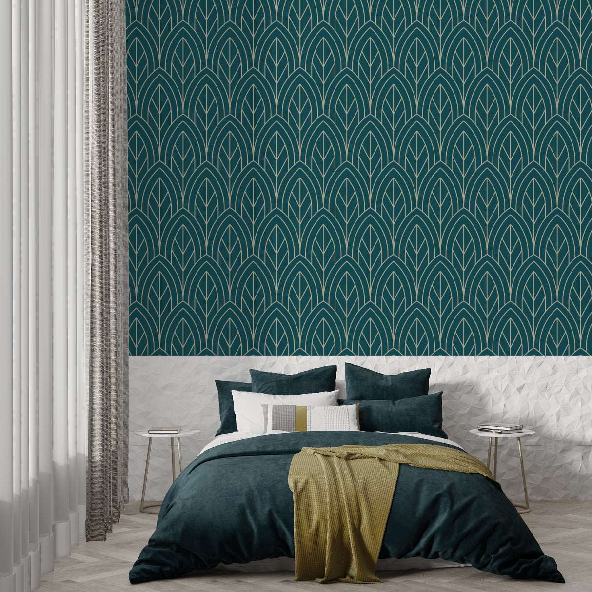 Teal and gold art deco wallpaper in master bedroom showing geometric pattern detail