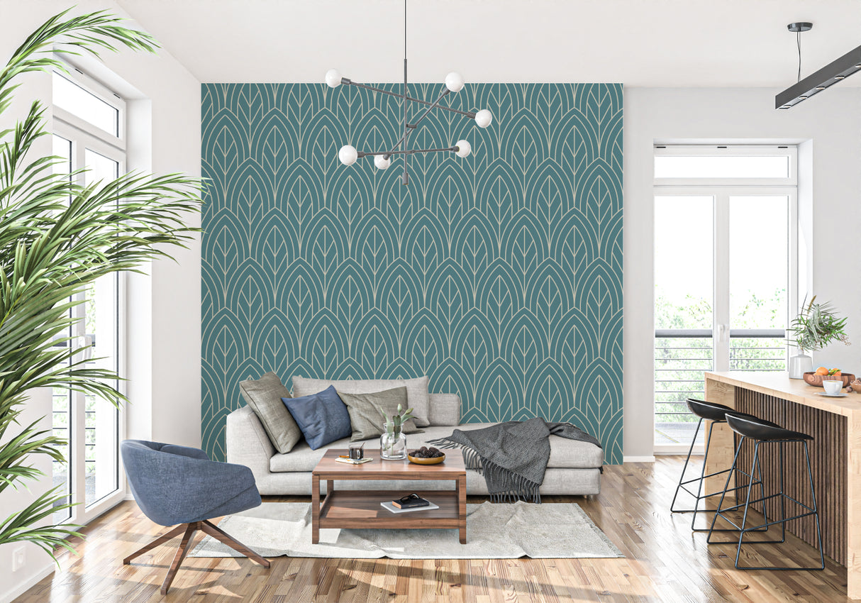Art deco pattern wall mural in hotel lobby showcasing teal and gold geometric design