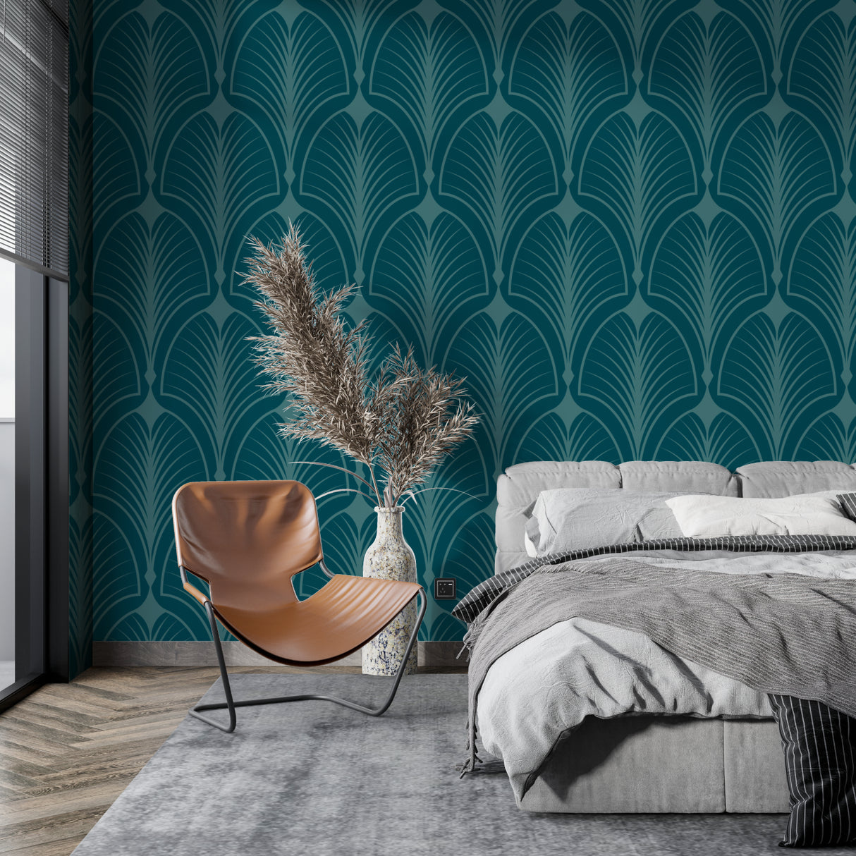 Teal art deco fan pattern wallpaper in modern living room with grey sofa and brass accents