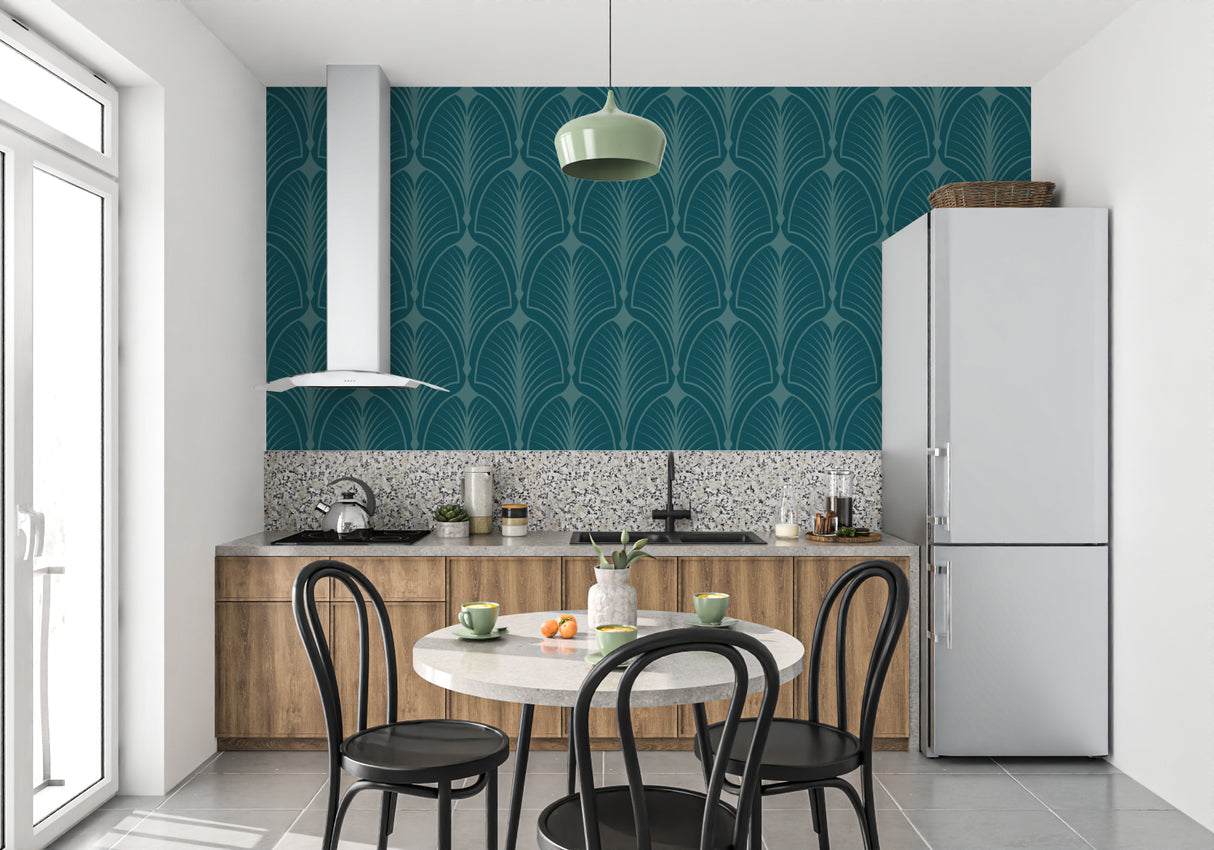 Art deco teal wallpaper creating dramatic backdrop in master bedroom with white furniture