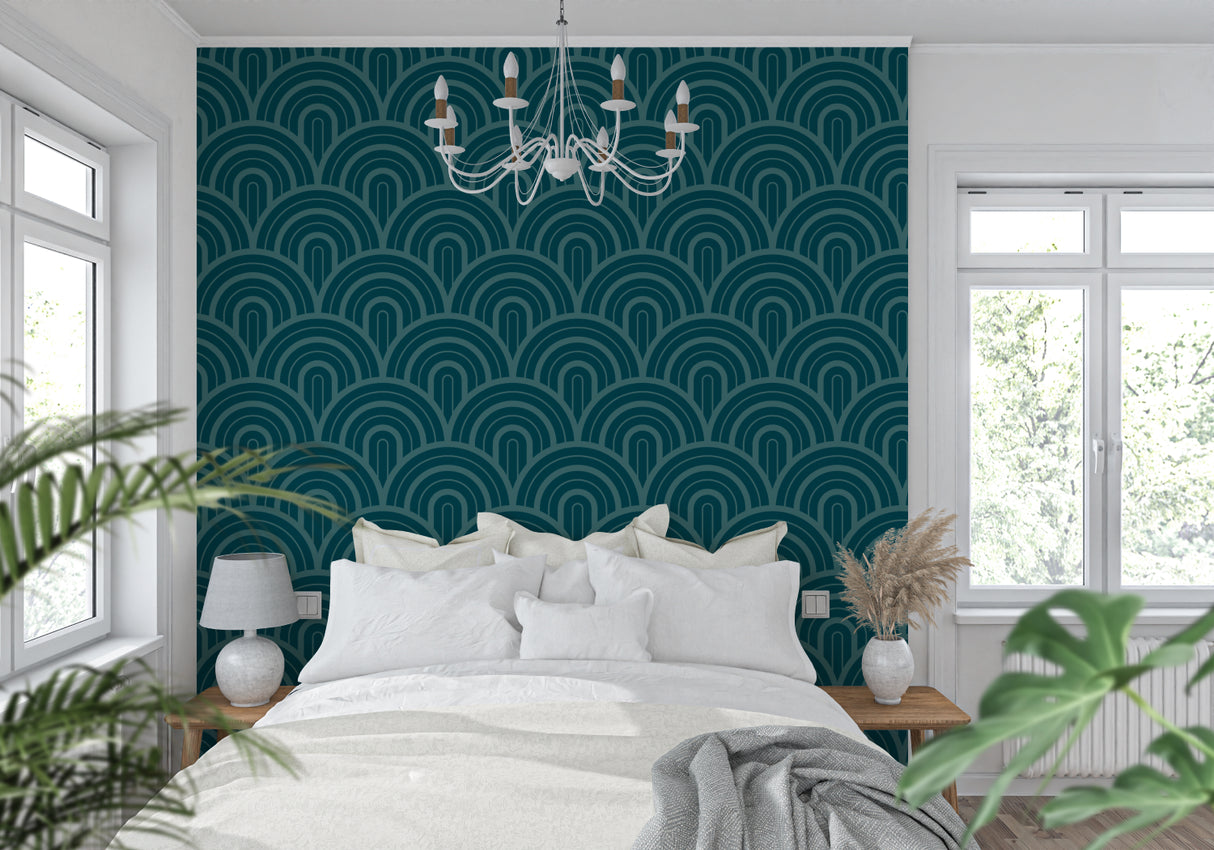 Geometric art deco wall mural adding sophistication to master bedroom