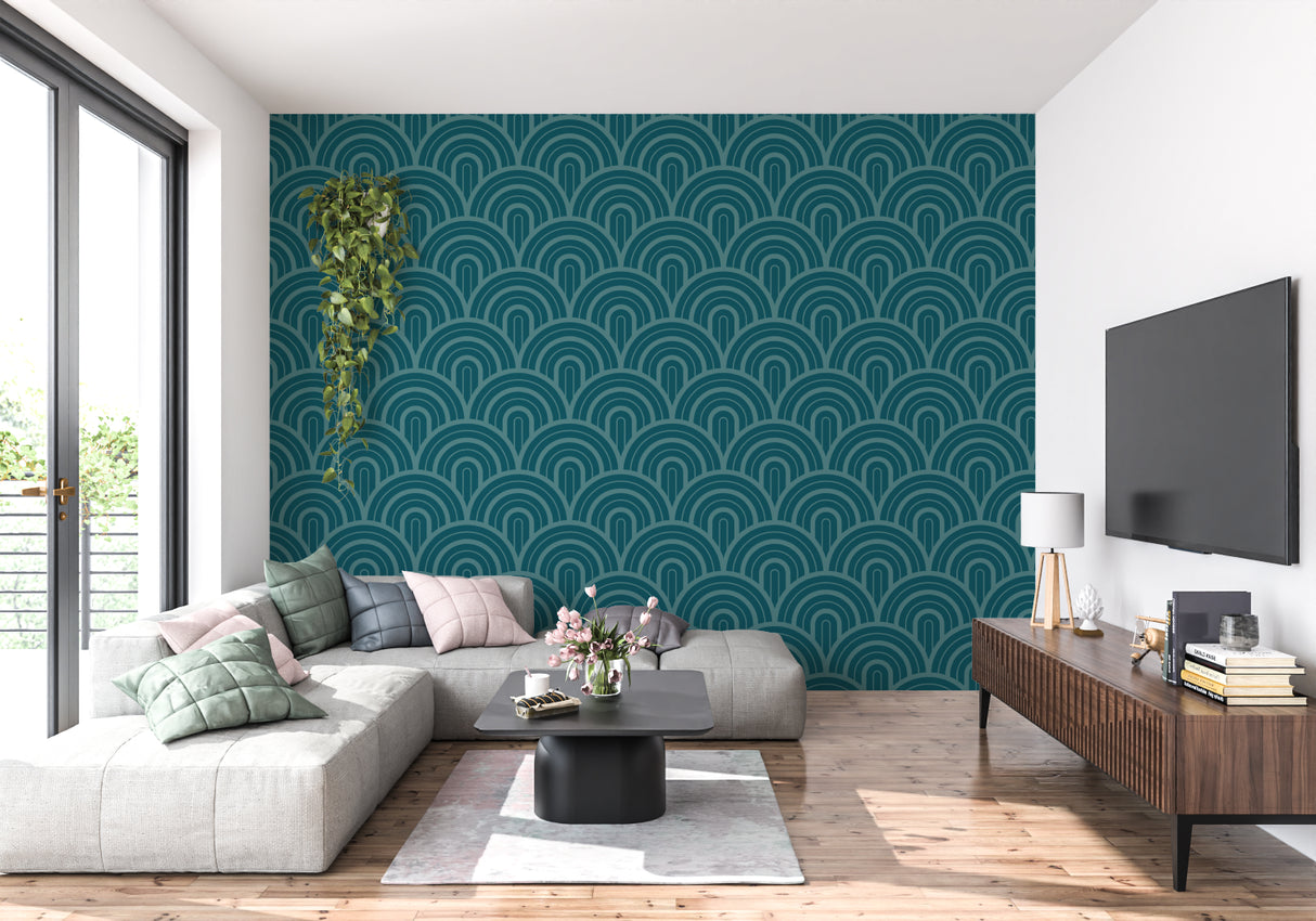 Teal geometric pattern wallpaper bringing hotel luxury to home office