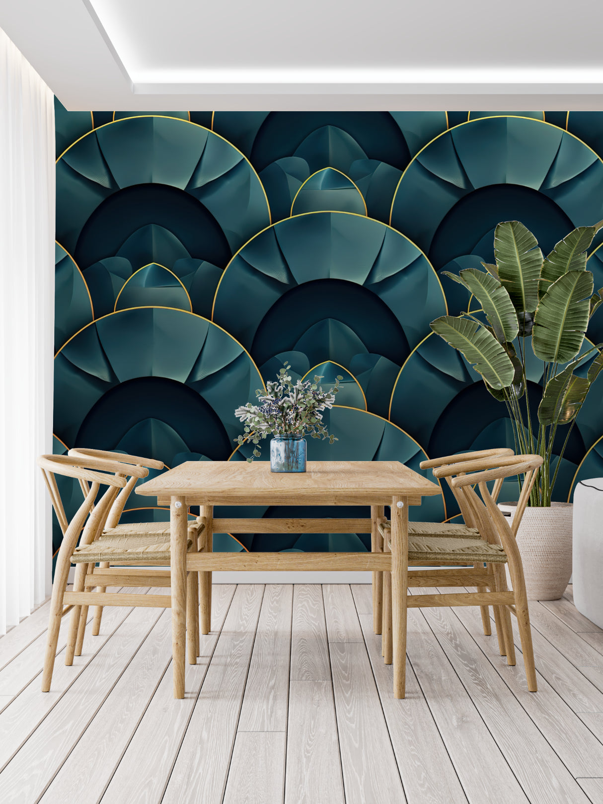 Art deco geometric wallpaper in teal and gold creating drama in a modern living room with high ceilings