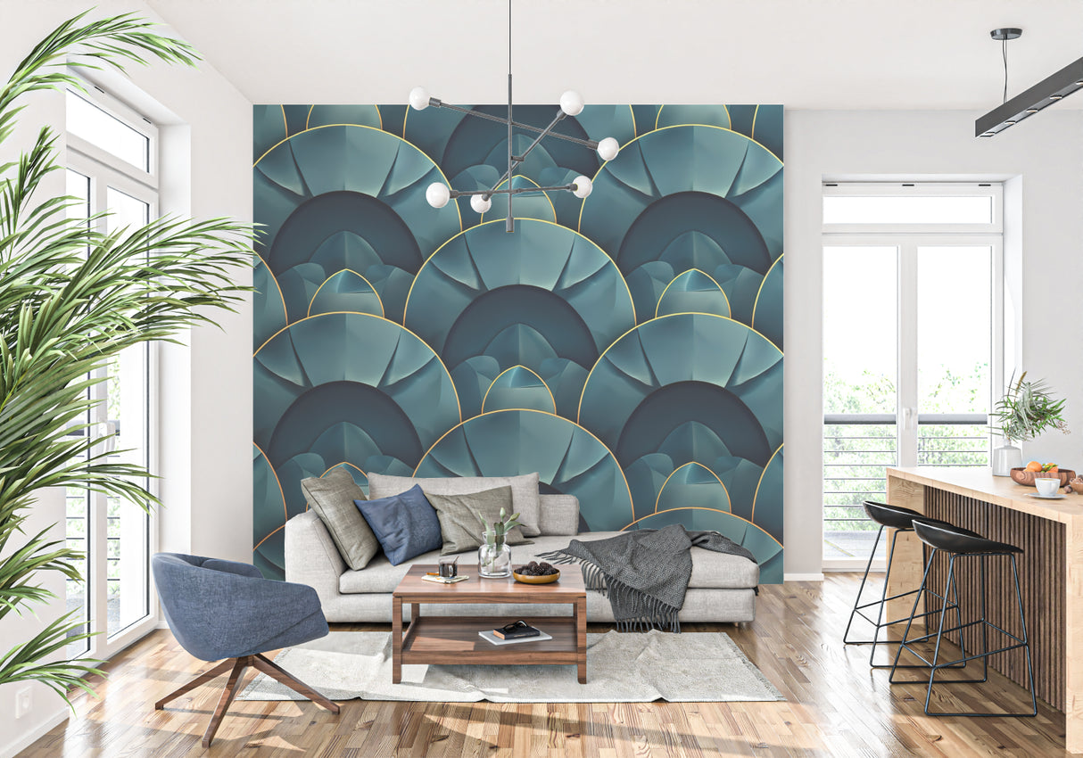 Teal and gold geometric wall mural adding luxury to a boutique hotel lobby with pendant lighting