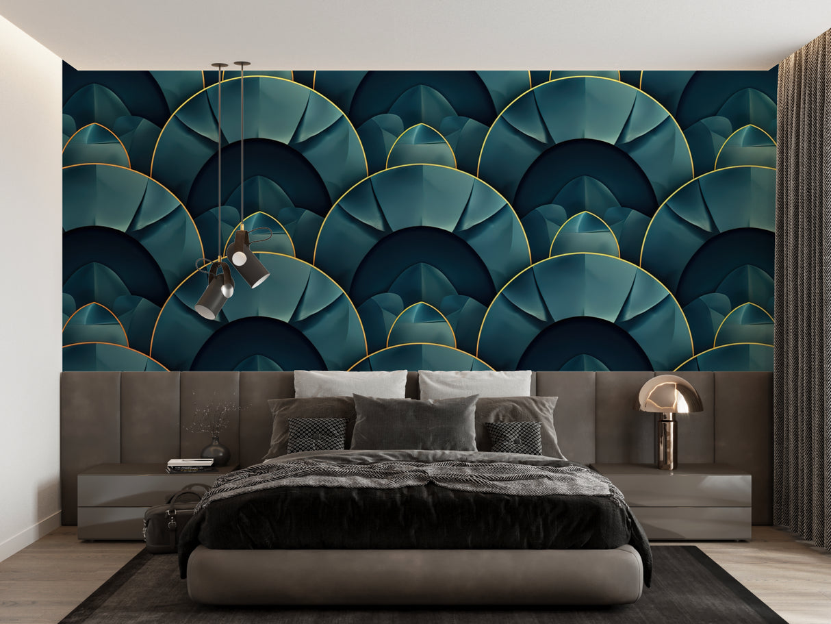 Geometric teal wallpaper creating depth in a master bedroom with gold accents