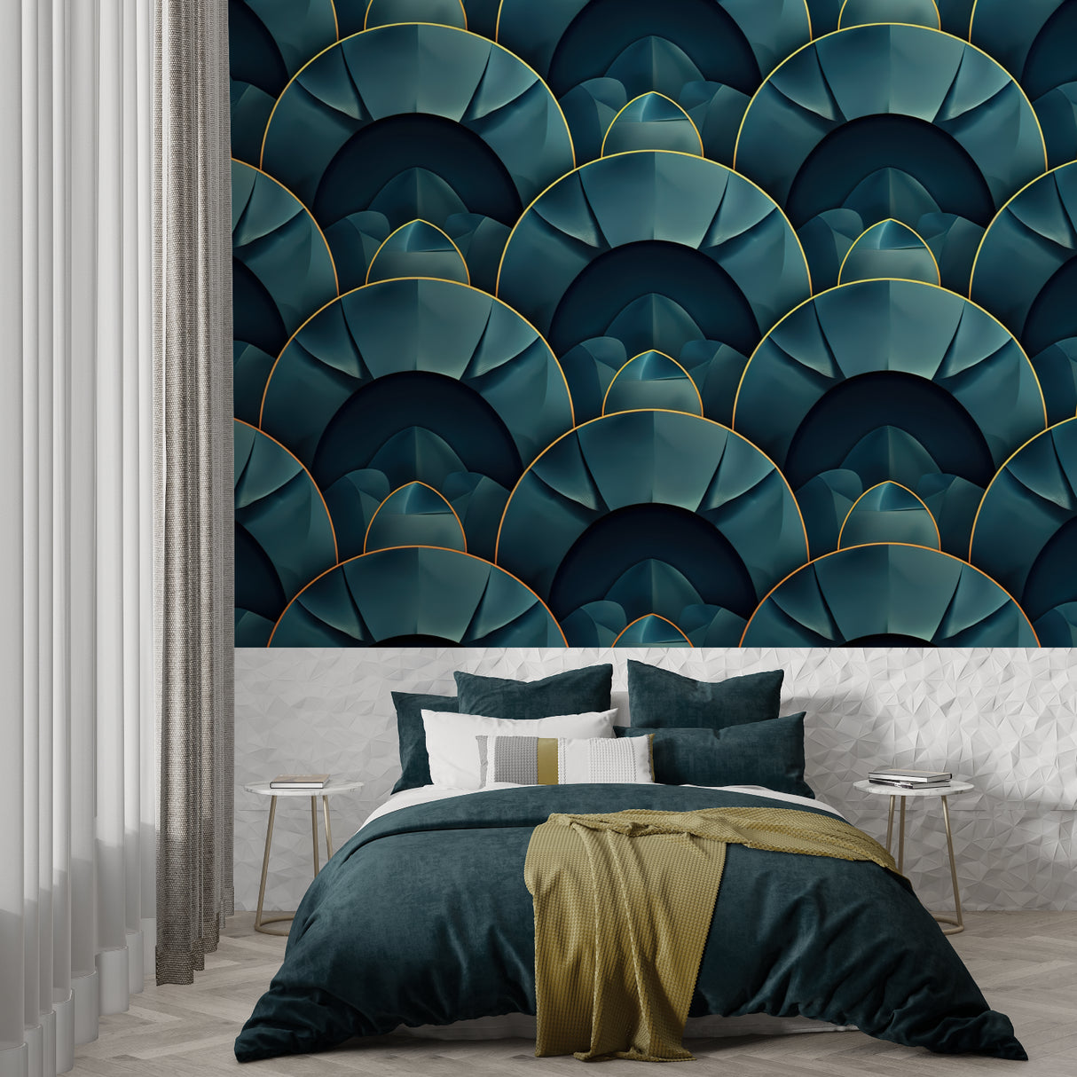 Art deco pattern enhancing a home office with dramatic teal and gold geometric shapes