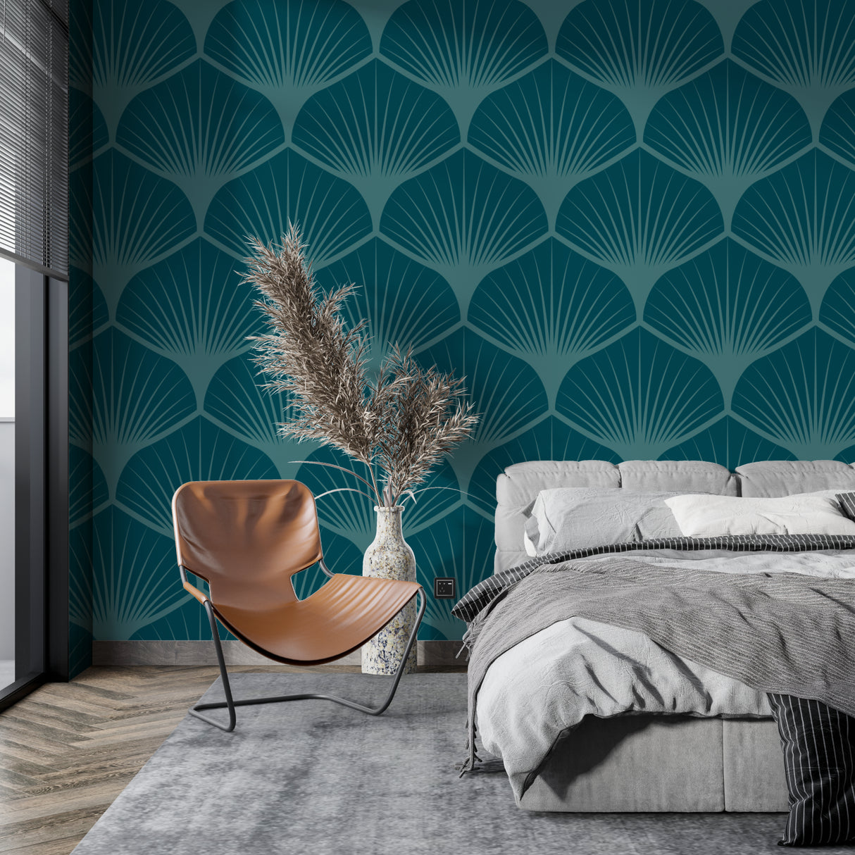 Teal ginkgo art deco wallpaper in dining room with modern furniture