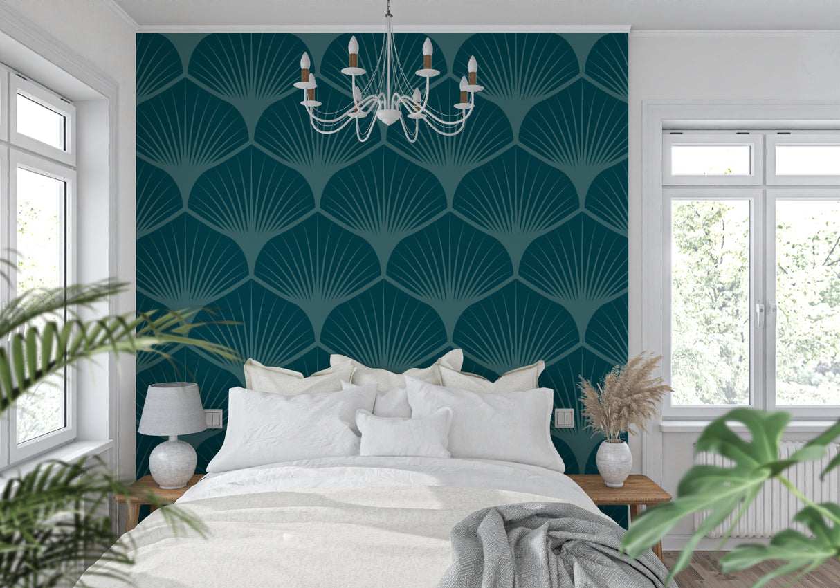 Bedroom accent wall with art deco ginkgo leaf pattern in teal tones