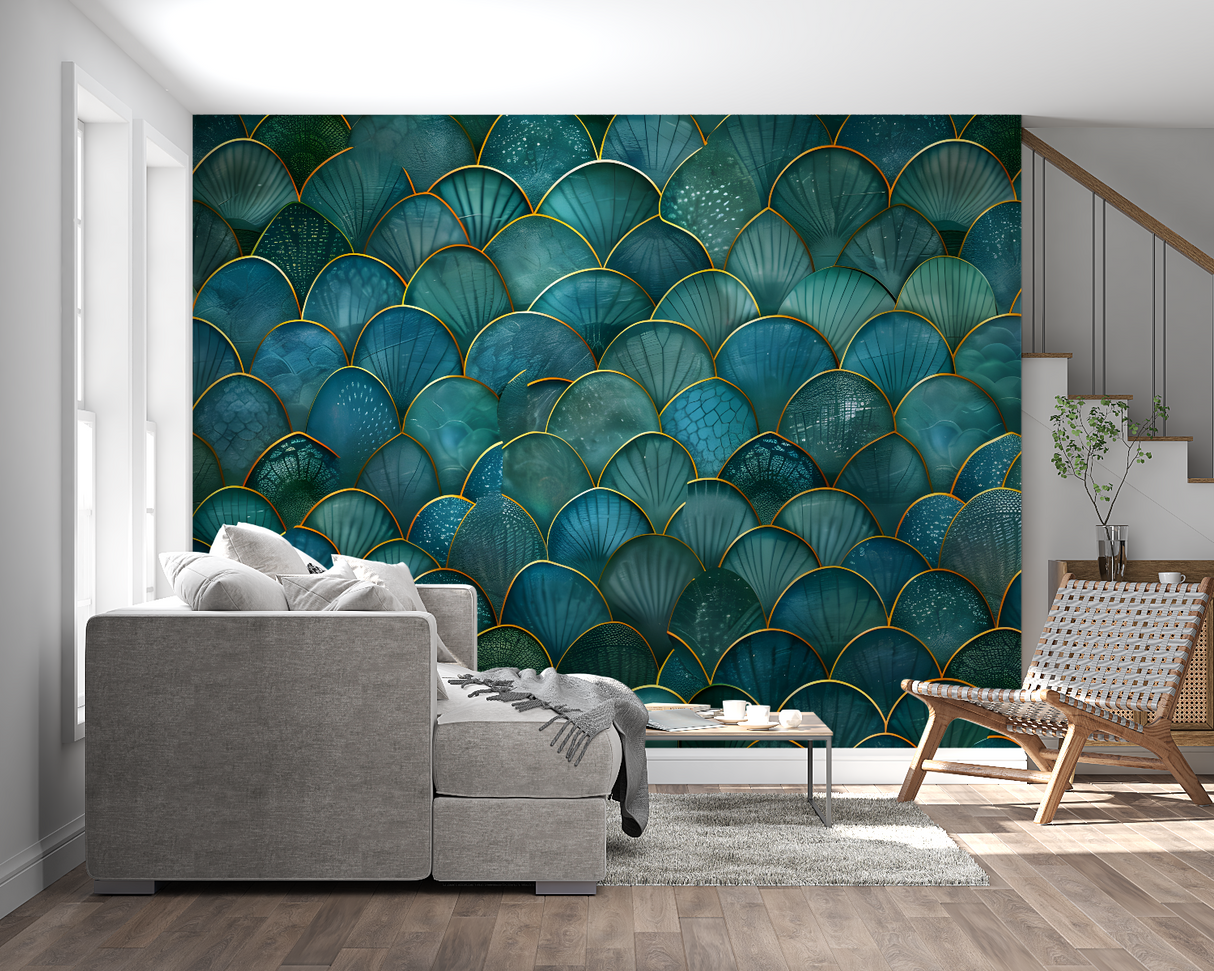 Teal and gold wallpaper in powder room with modern fixtures