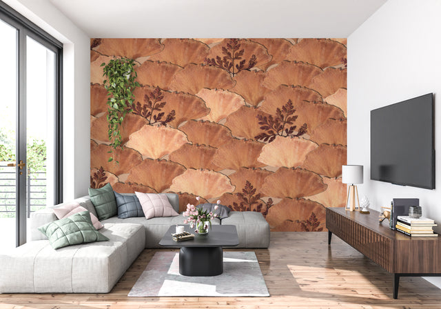 Art deco fan leaf wallpaper in modern living room with grey sofa and natural light