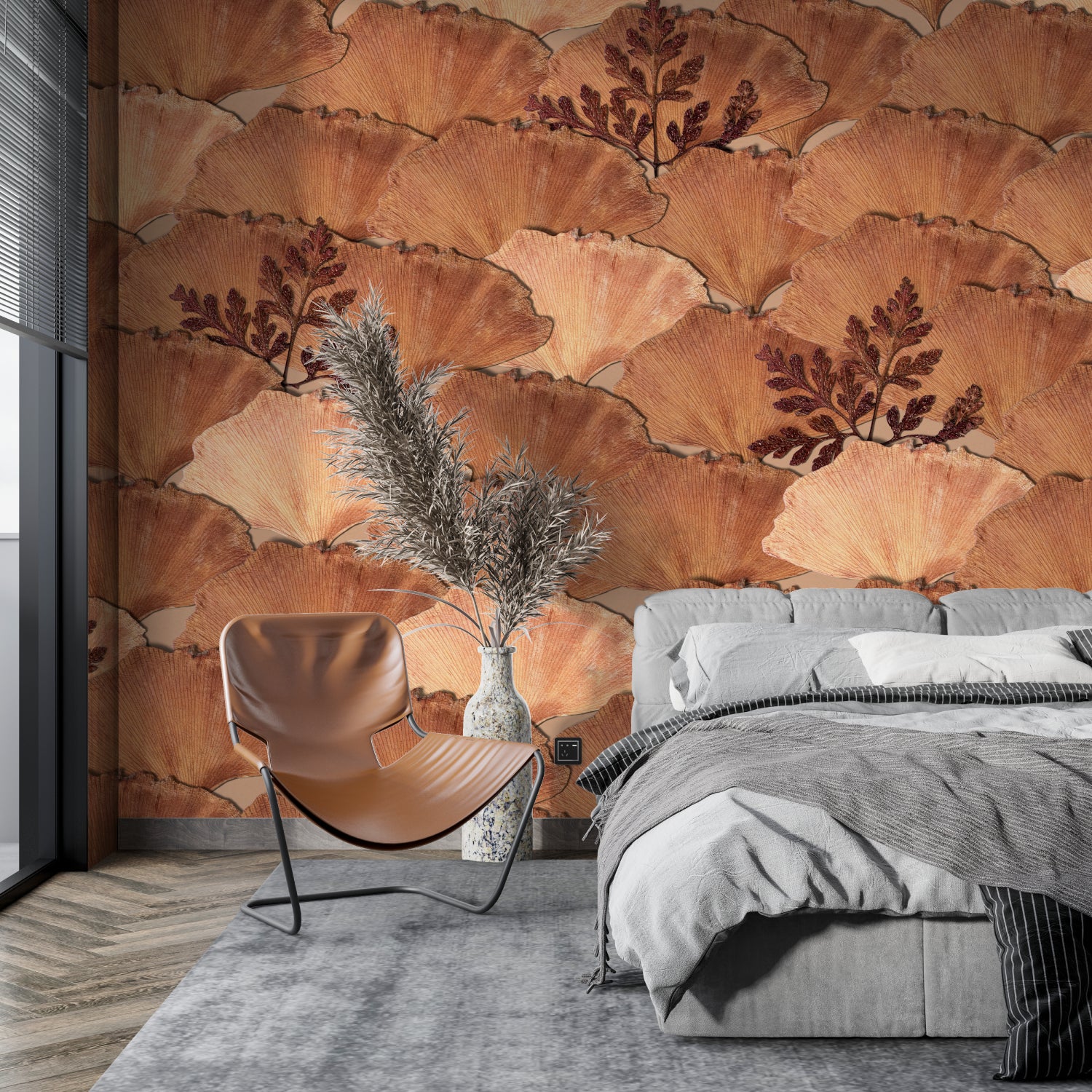 Terracotta art deco wallpaper bringing warmth to dining room with wooden table