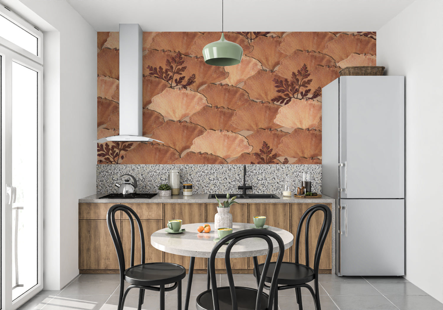 Botanical fan pattern mural in home office with desk and plants