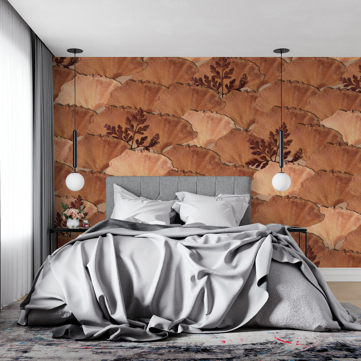 Art deco leaf wallpaper featured in master bedroom with earth tones
