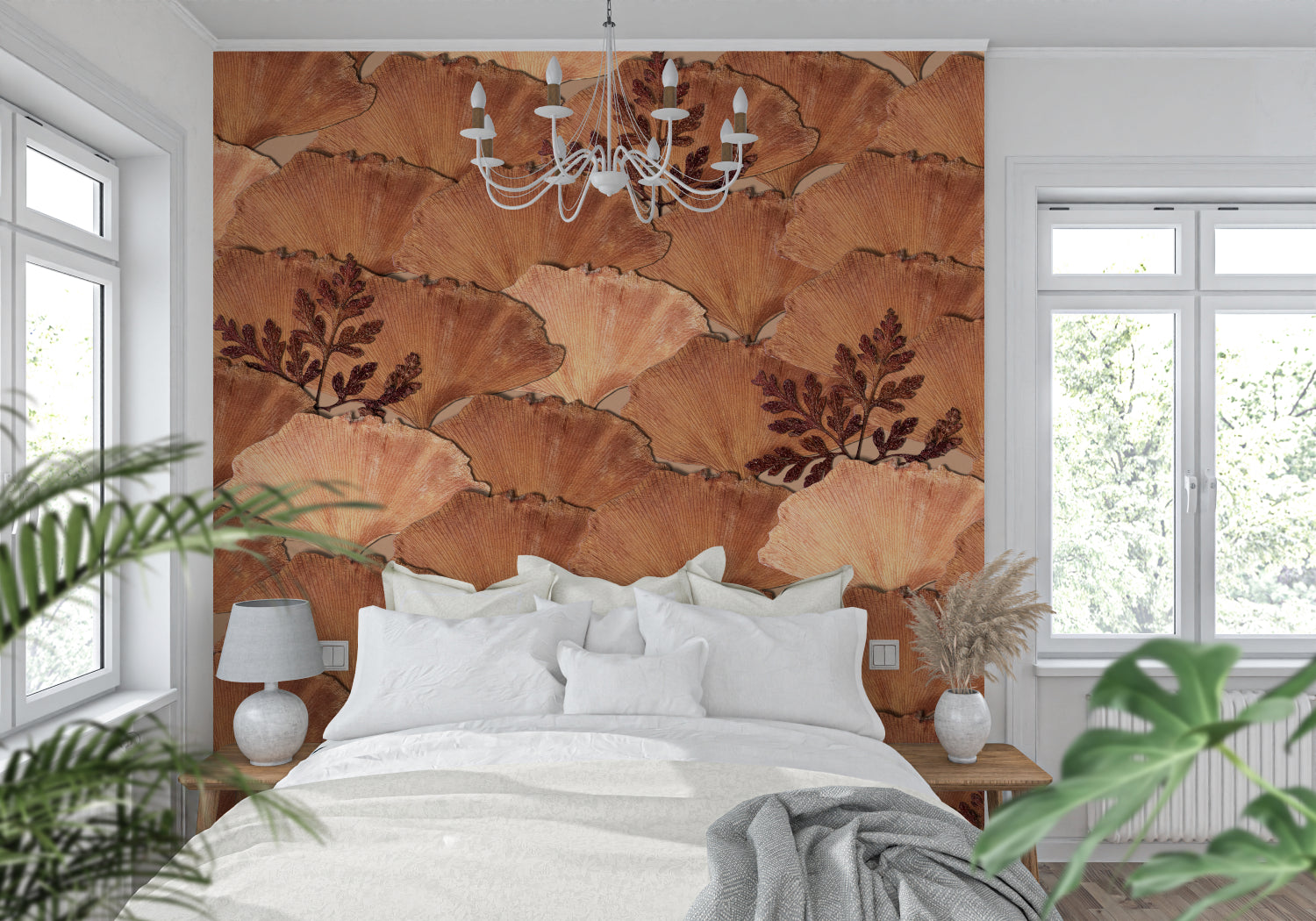 Fan leaf pattern creating accent wall in hallway with minimal decor