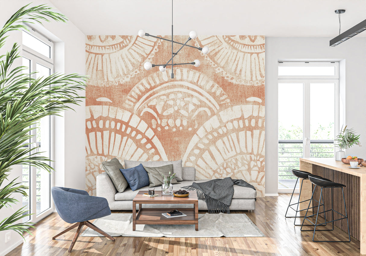 Terracotta fan pattern wallpaper bringing warmth to a minimalist dining space